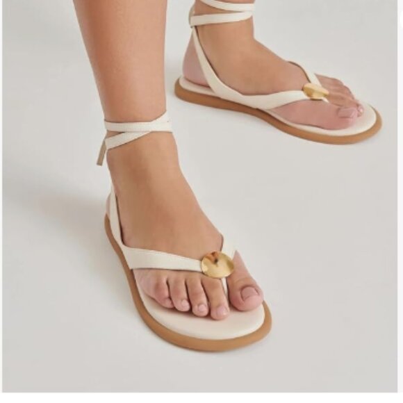 XYD White Open Toe Metal Gold Hardware Flip Flops Ankle Wrap Lace-up Flat Sandal - Picture 1 of 8